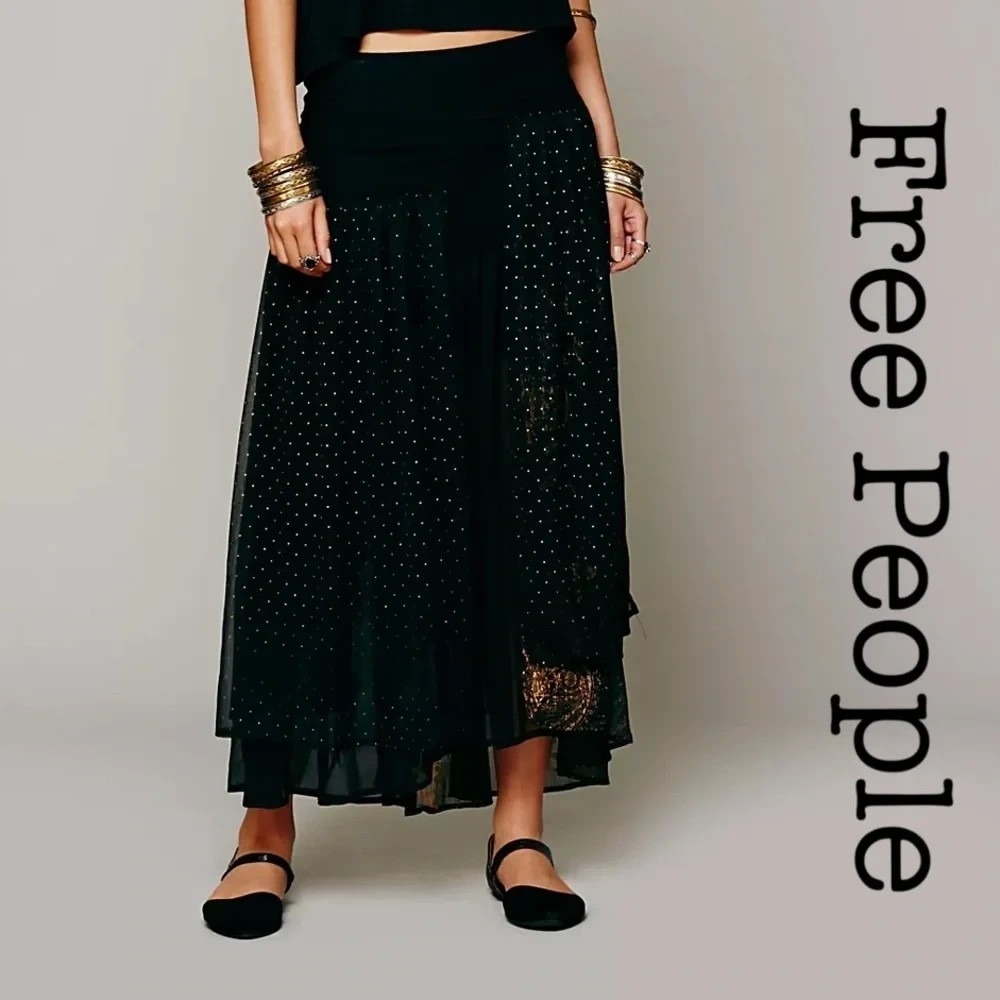 Free People Kristal Black Ruffle Dot Mesh Maxi Skirt Size 6 Layered Sheer Zip
